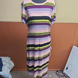 Striped Midi Dress with Purple, Pink, and Yellow Accents